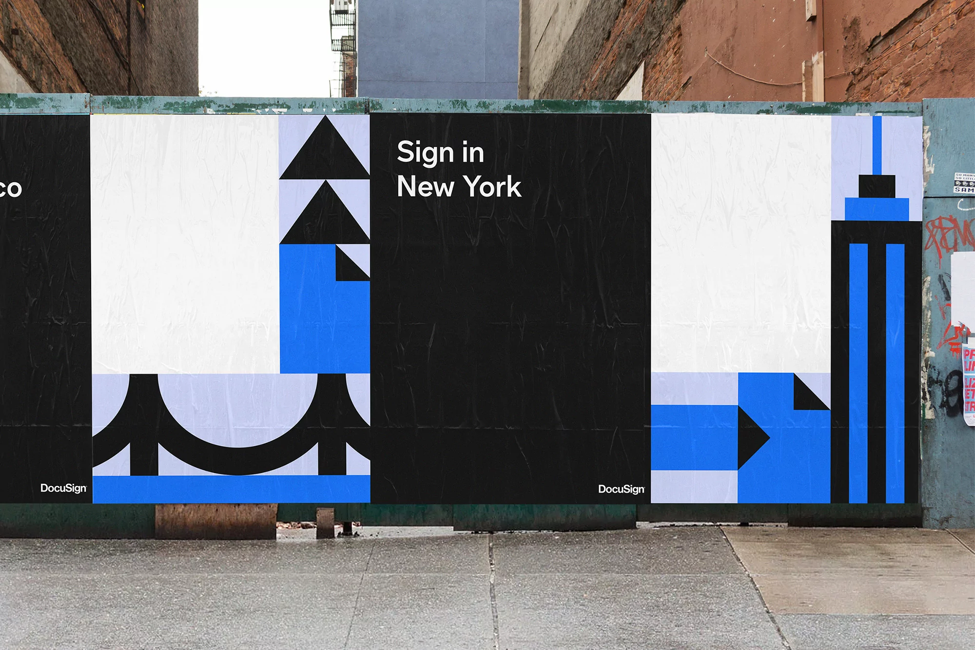 Outdoor advertisement features a geometric design with the phrase 'Sign in New York' and the DocuSign logo. Abstract shapes form cityscapes.