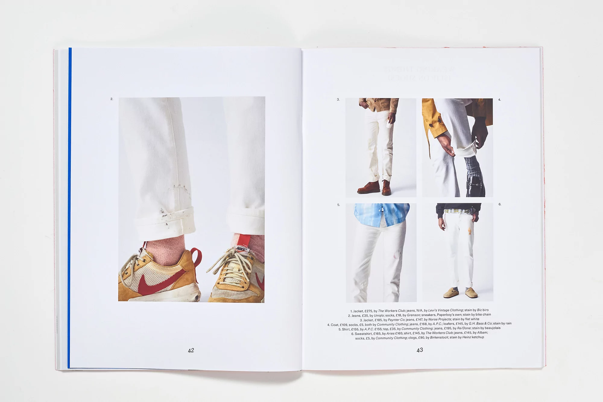 An open magazine spread displaying pages 42 and 43 featuring product photography of white trousers, sneakers, and clothing details.