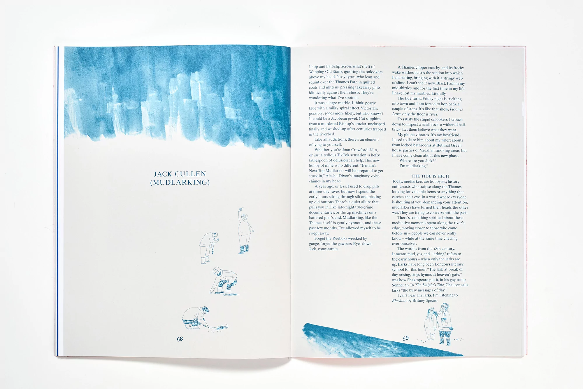 Artistic magazine spread featuring illustrations of people mudlarking on a beach, paired with dense text on a white background.