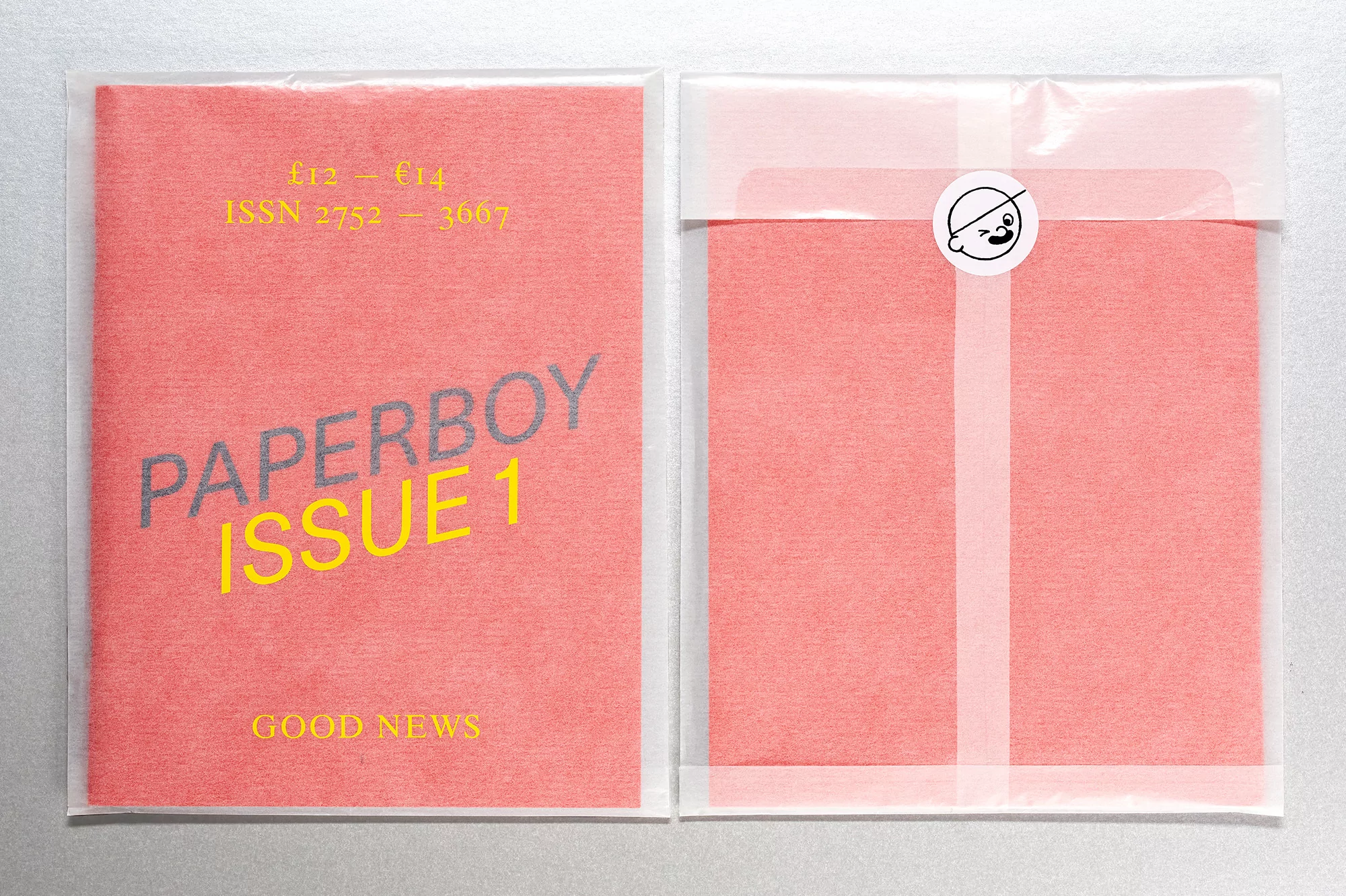 Two copies of Paperboy Issue 1 magazine in clear packaging. One is open with the cover visible, showcasing a coral color and text.