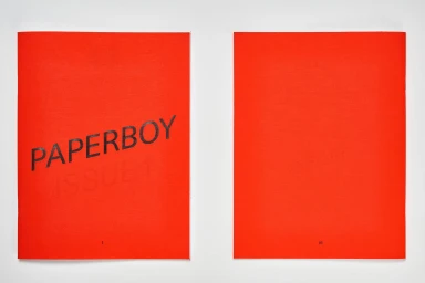 Two bright red paper covers displayed side by side against a clean white background, featuring bold black typography.