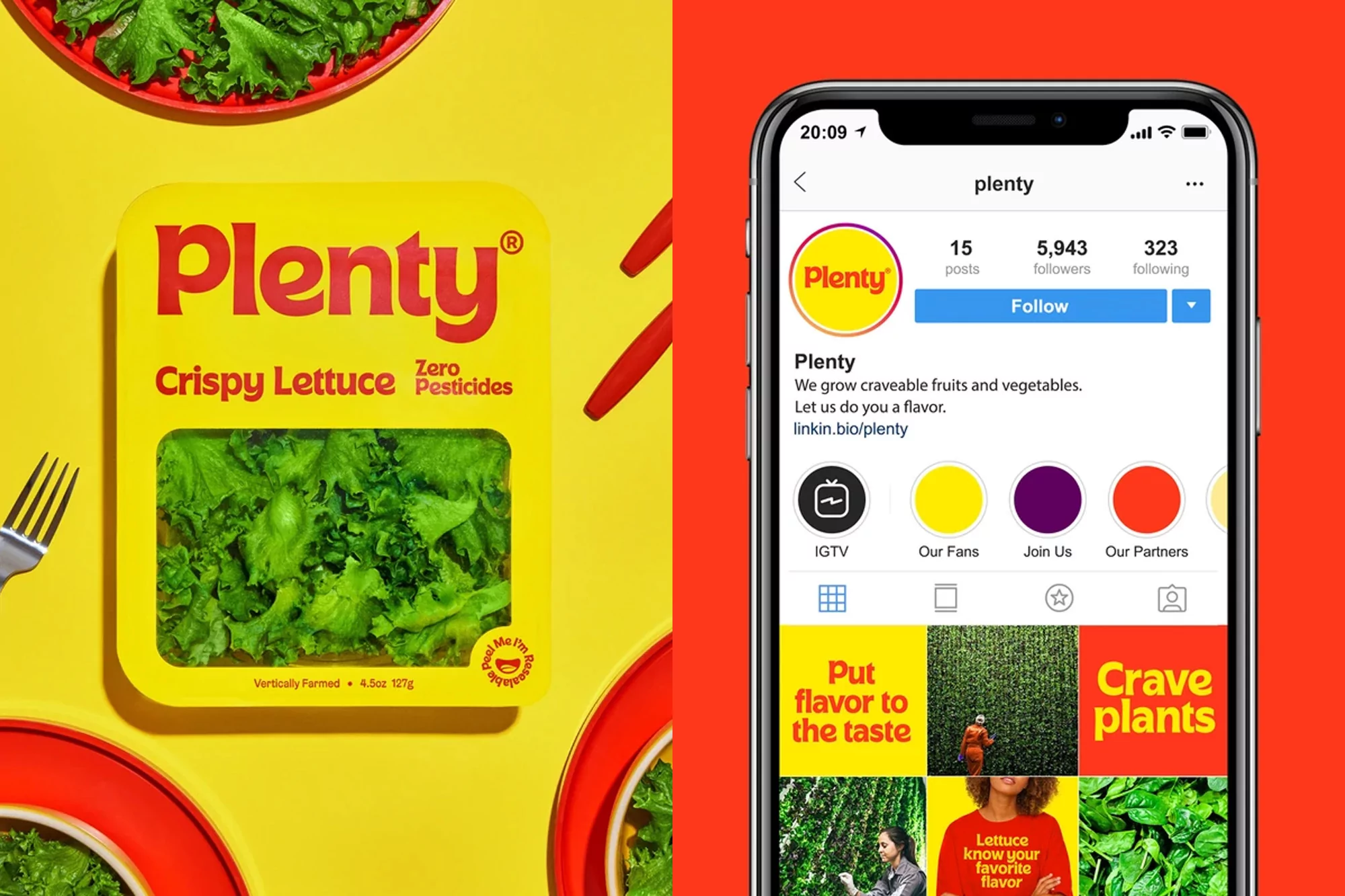 Image of a package of Plenty Crispy Lettuce alongside an iPhone displaying Plenty's Instagram profile against a yellow and red background.