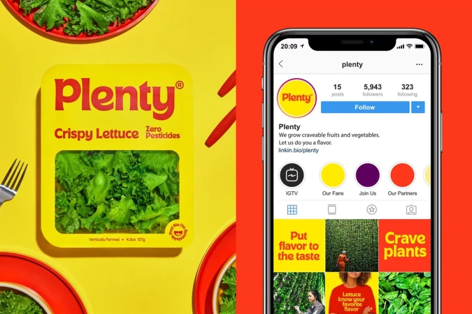 Image of a package of Plenty Crispy Lettuce alongside an iPhone displaying Plenty's Instagram profile against a yellow and red background.