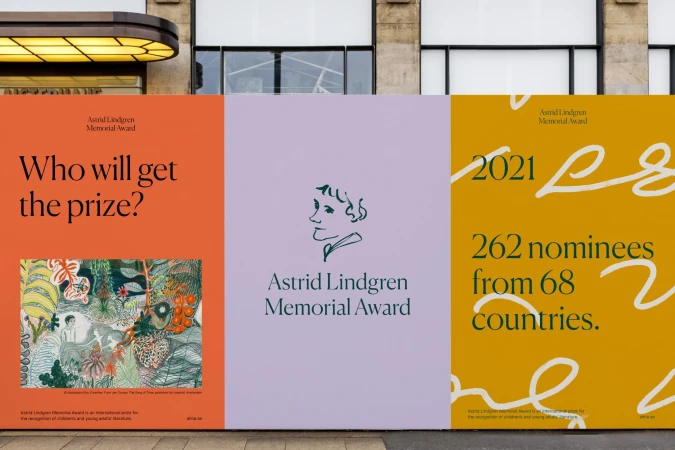 Astrid Lindgren Memorial Award posters in orange, lavender, and mustard promoting children's and young adult literature recognition.