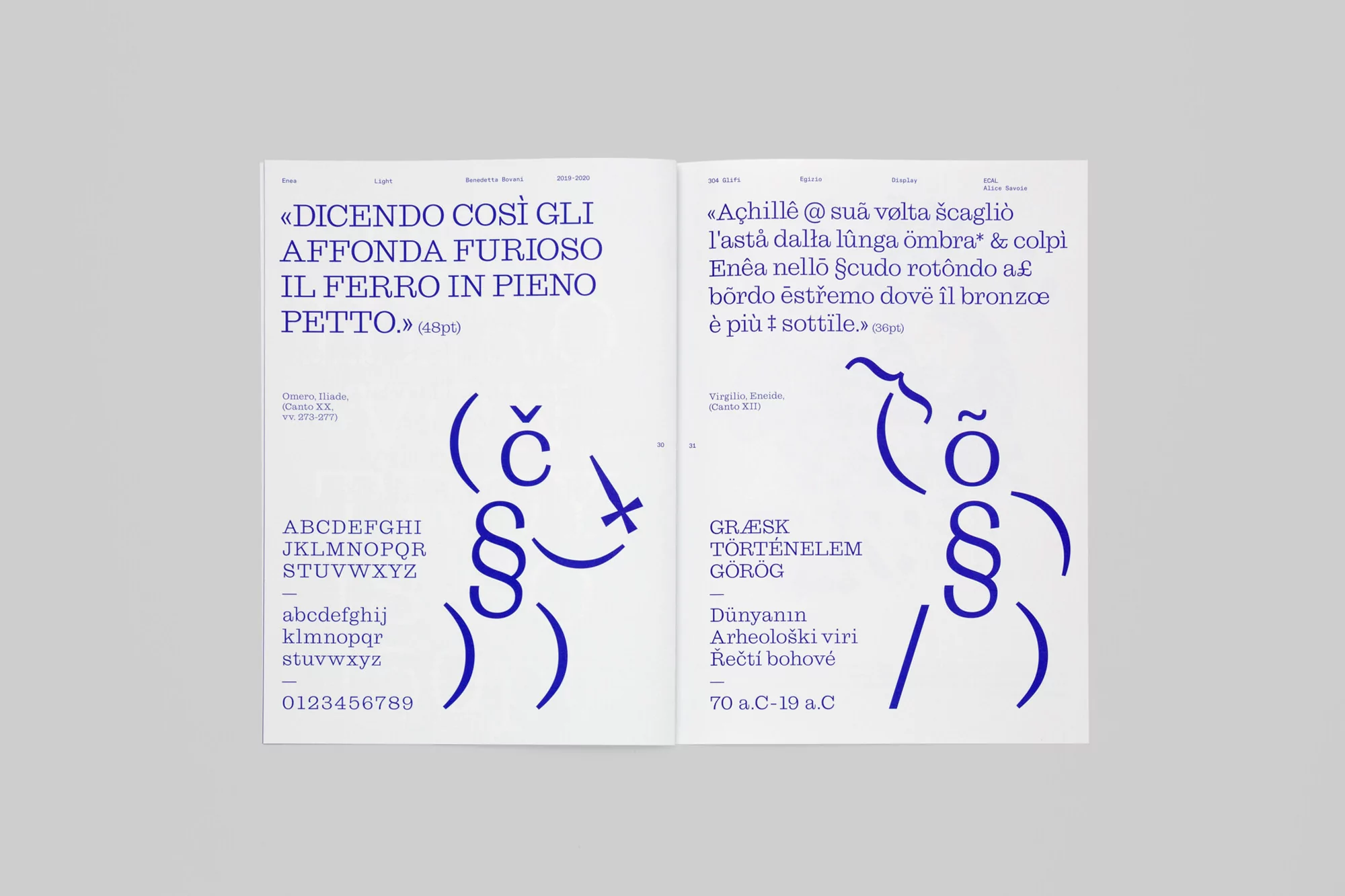 Open book spread featuring stylized typography in blue on a white background, showcasing various letters and typographic elements.