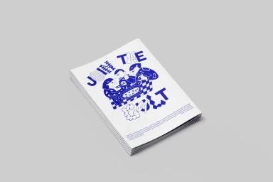 A stack of brochures featuring blue illustrated cover art with typography set against a neutral grey background.