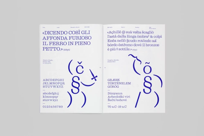 Open book spread displaying blue serif typography and abstract graphic figures on white pages against a grey background.