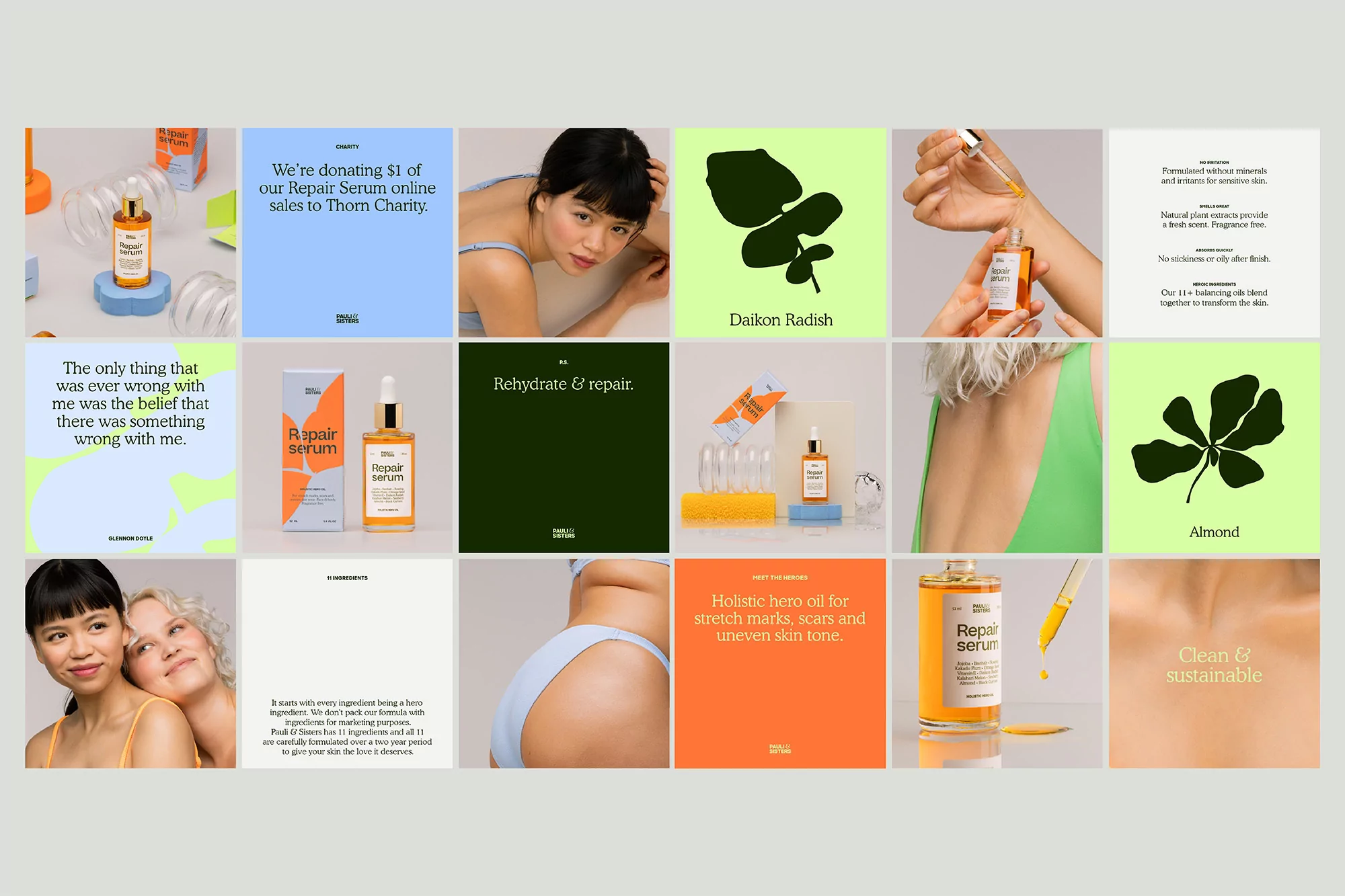 Collage of product shots and lifestyle images promoting skincare serum with models, text overlays, and ingredient imagery.