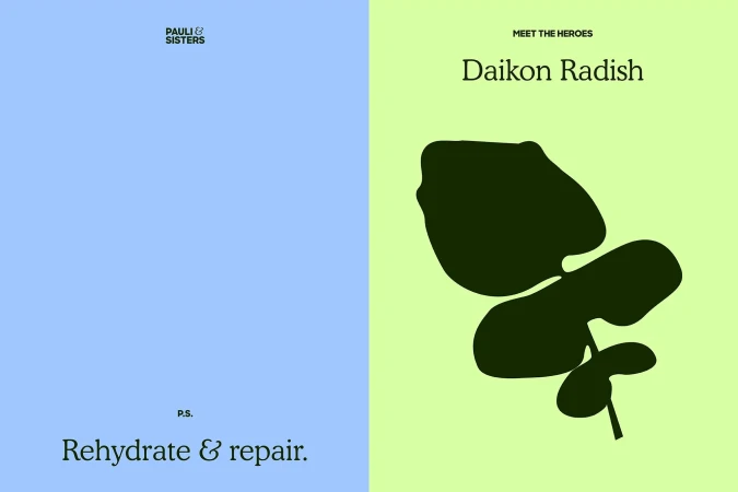 Minimalist beauty advertisement featuring a daikon radish graphic against a split-tone background of pastel blue and green.