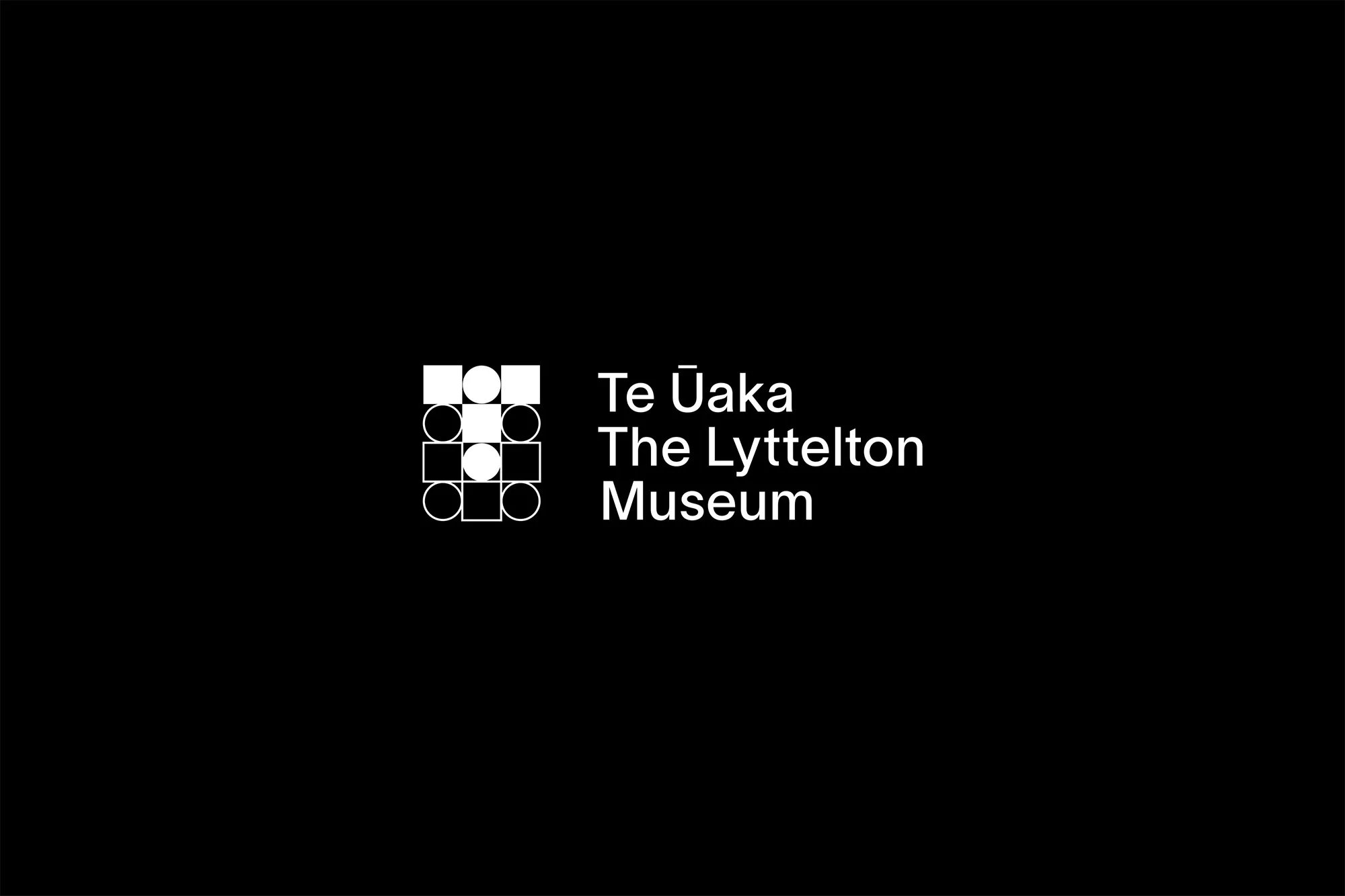 White geometric logo and typography centered on a solid black background.