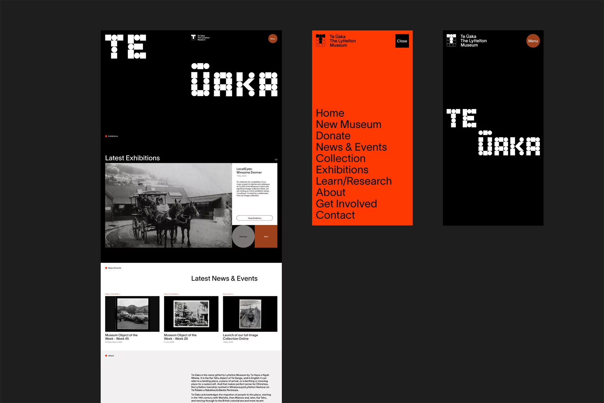 Te Ūaka The Lyttelton Museum website displayed on screens with orange navigation. Digital design includes text and images.
