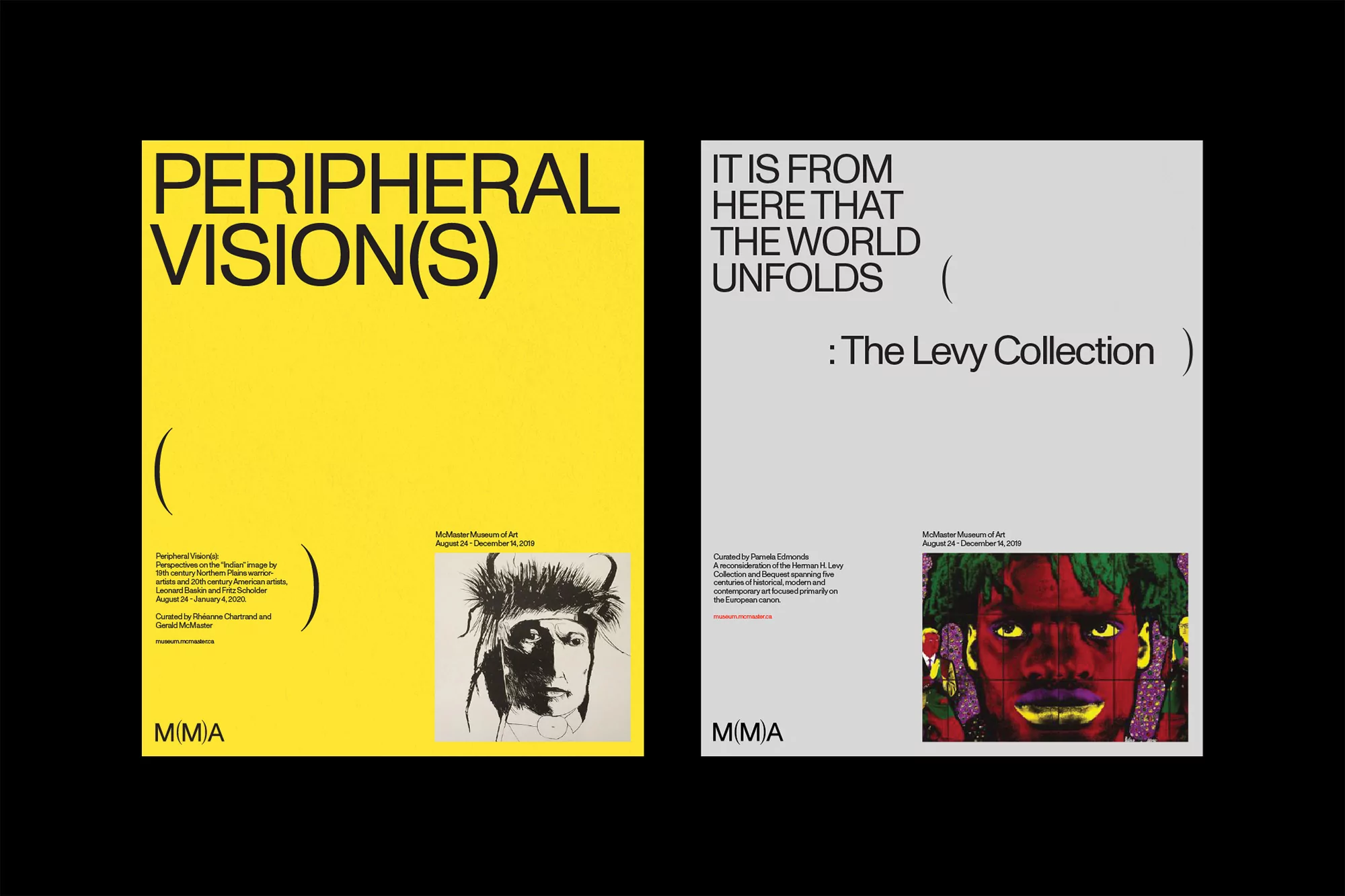 Two art posters, one yellow with a black and white portrait sketch, and one gray with a vibrant colorful portrait. Typography is dominant.