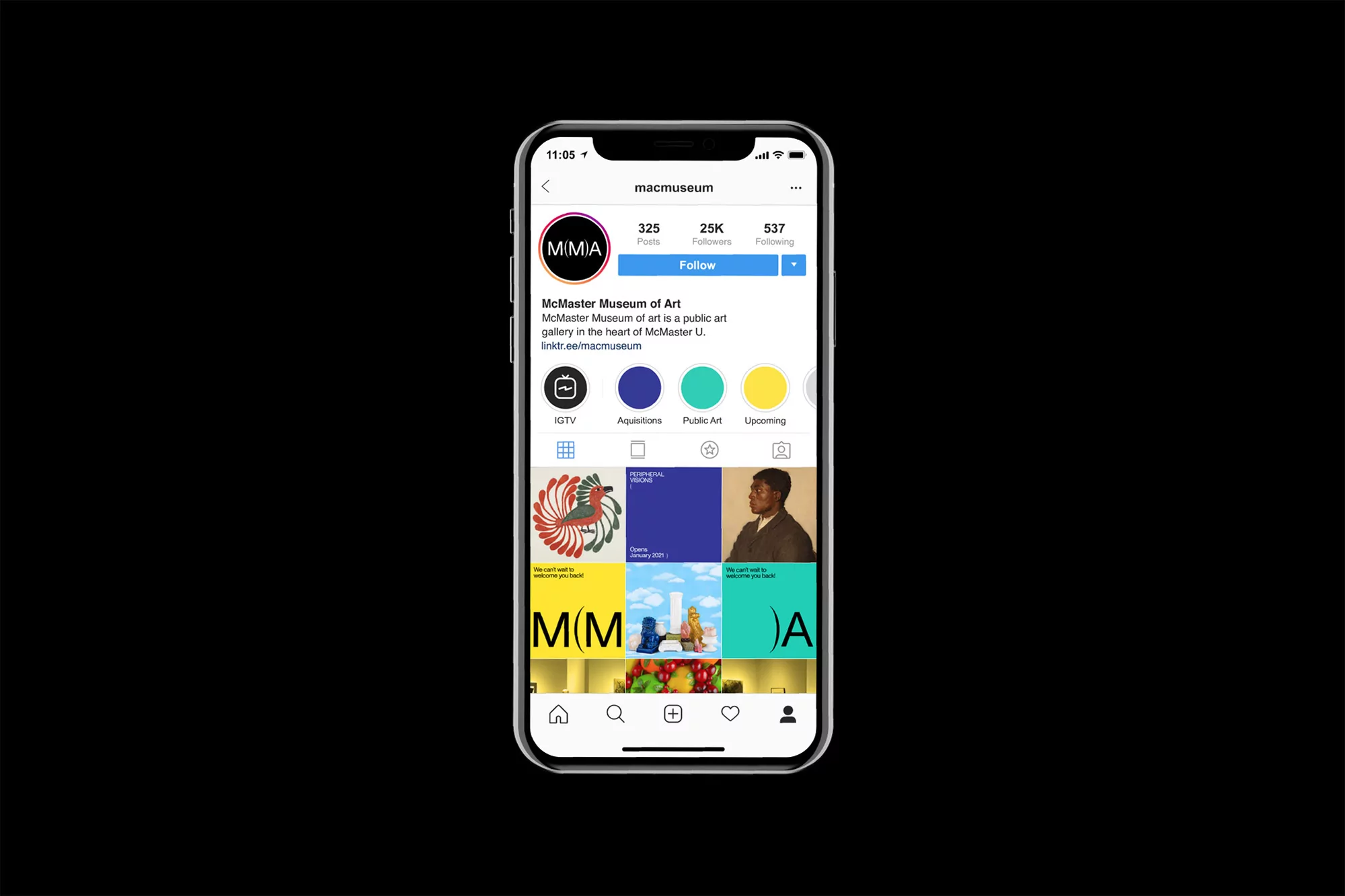A smartphone displays the Instagram profile page of the MacMuseum art museum, featuring posts, followers, and the museum's logo.