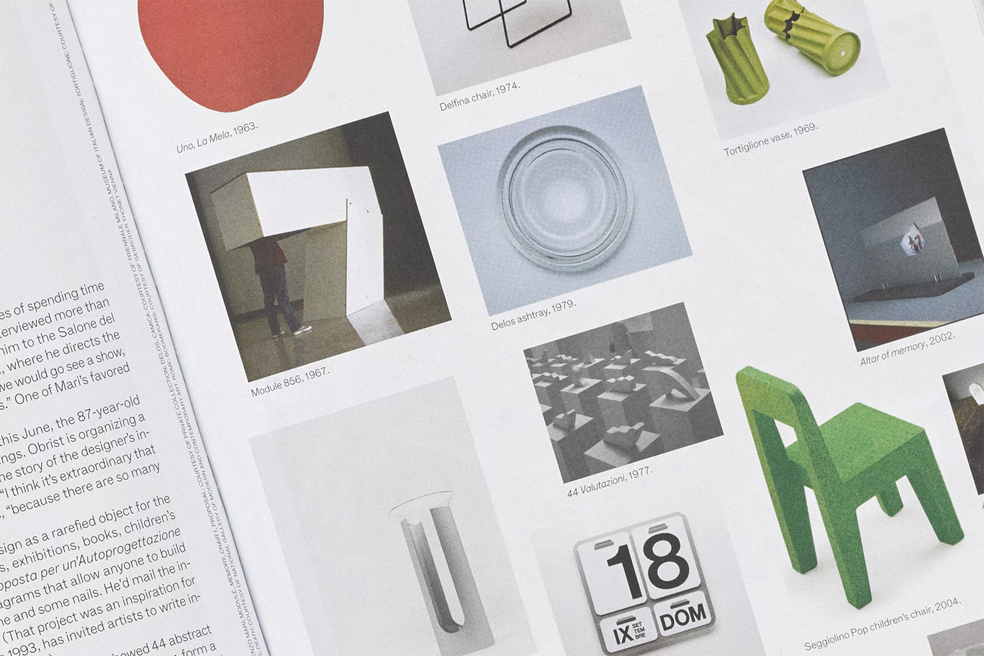 Collection of images featuring design objects and furniture, including vases, chairs, and abstract art installations on a white surface.