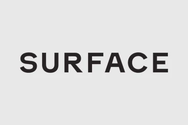 Black uppercase typography spelling SURFACE centered on a plain light grey background