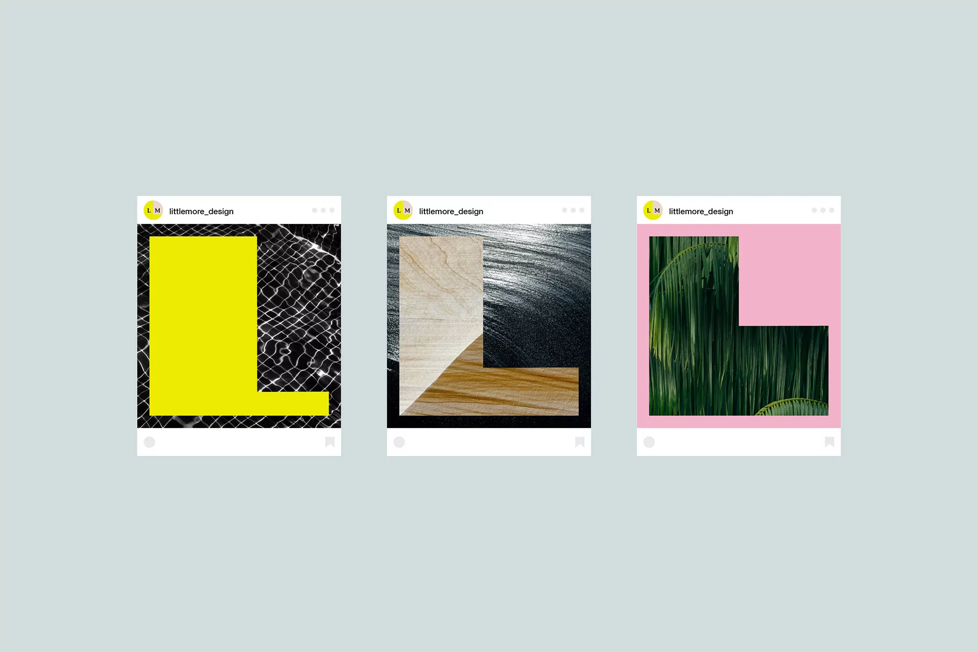 Abstract geometric art featuring yellow letter L on black water, wood grain & black ink, green palms on pink backdrop.