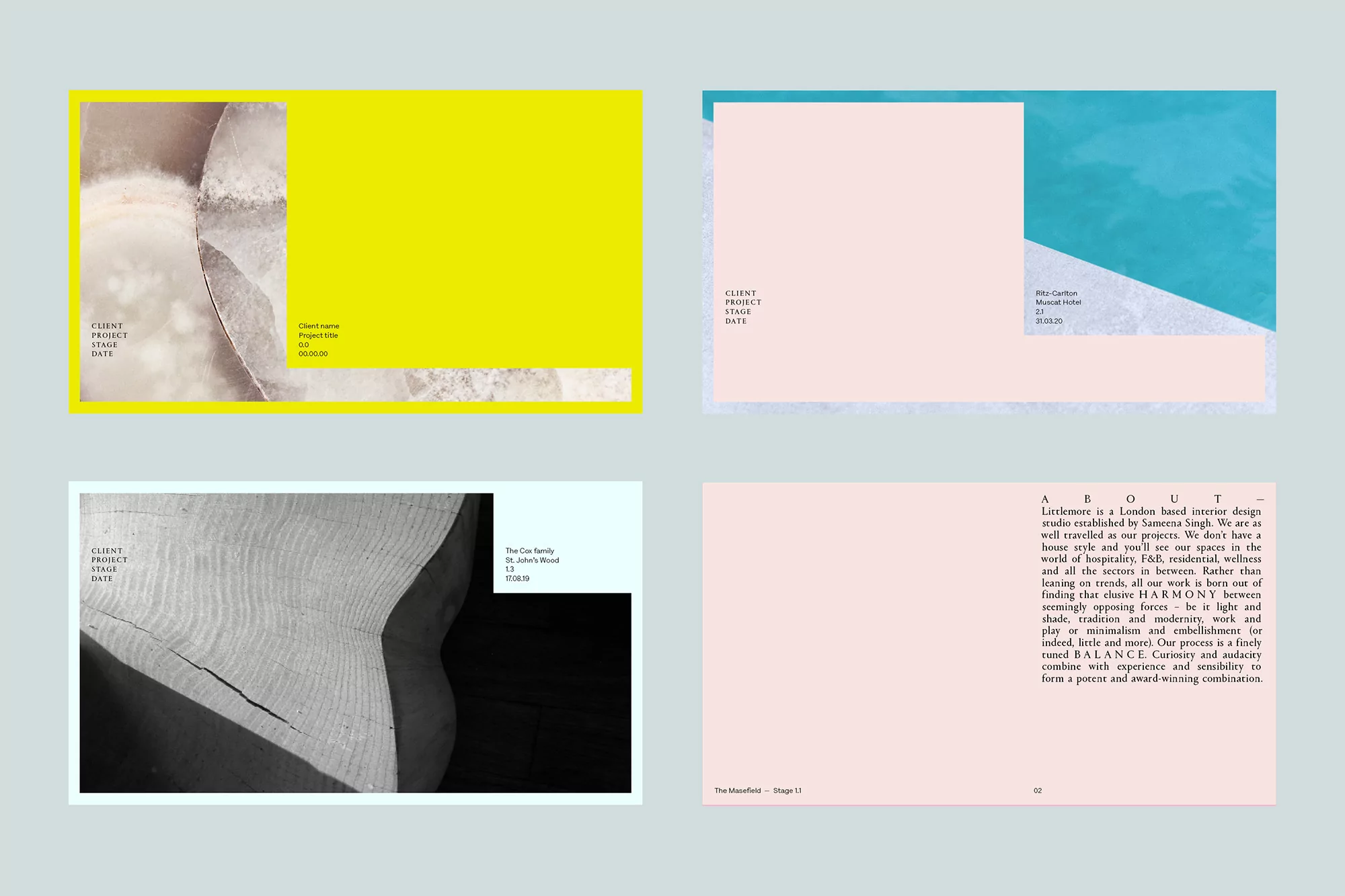 Four panels display a design presentation with textures, colors, and text layouts, ideal for interior design or creative industry branding.