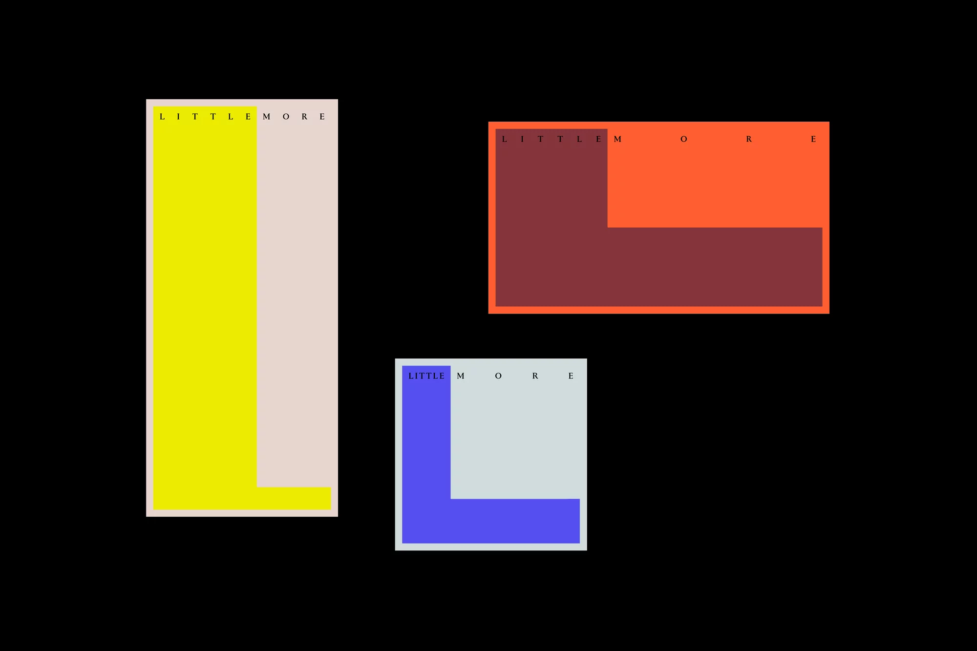 Abstract letter 'L' design with stacked rectangles in yellow, beige, orange, maroon, blue, and light gray against a black background.