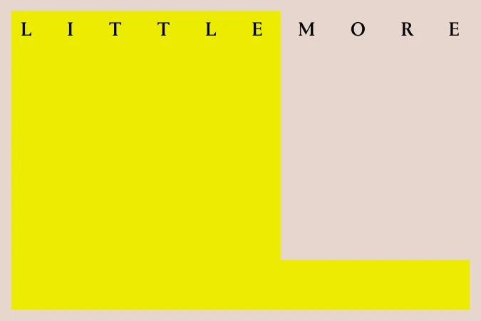 Graphic design with solid yellow block against a tan background featuring 'LITTLEMORE' spelled out in black, uppercase, serif letters.