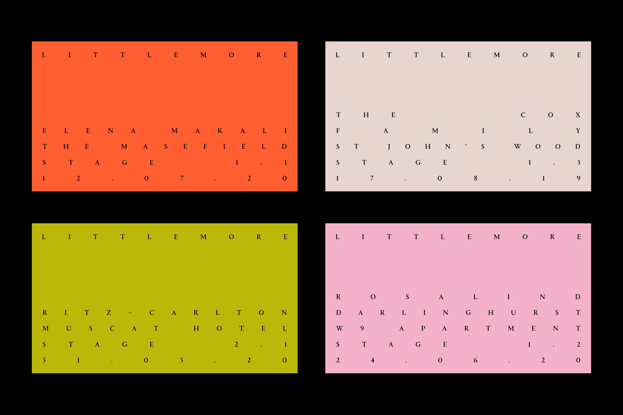 Graphic design featuring Littlemore name and stage details in various locations, presented in an offset, colourful, and modern style.
