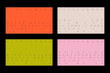 Four rectangular cards in bright orange, pale beige, olive green, and soft pink featuring minimalist typographic brand identity layouts.