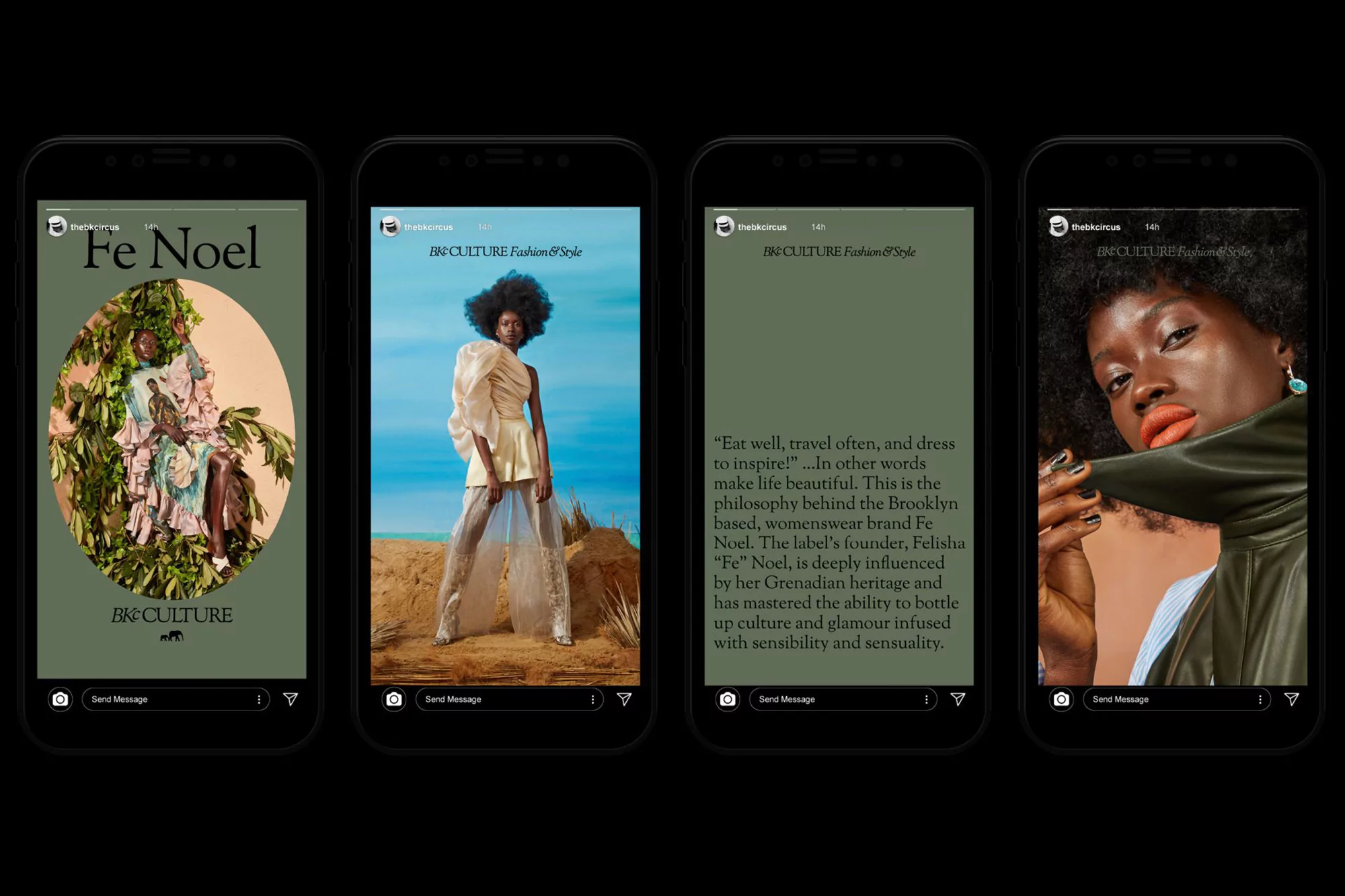 Fashion brand Fe Noel's social media story featuring models and designs. The collection includes dresses and separates in natural environments, showcasing textiles and textures.