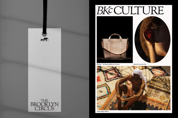 Magazine cover featuring The Brooklyn Circus logo on a tag, a tote bag, a close-up of a person's ear, and a person seated on a rug.