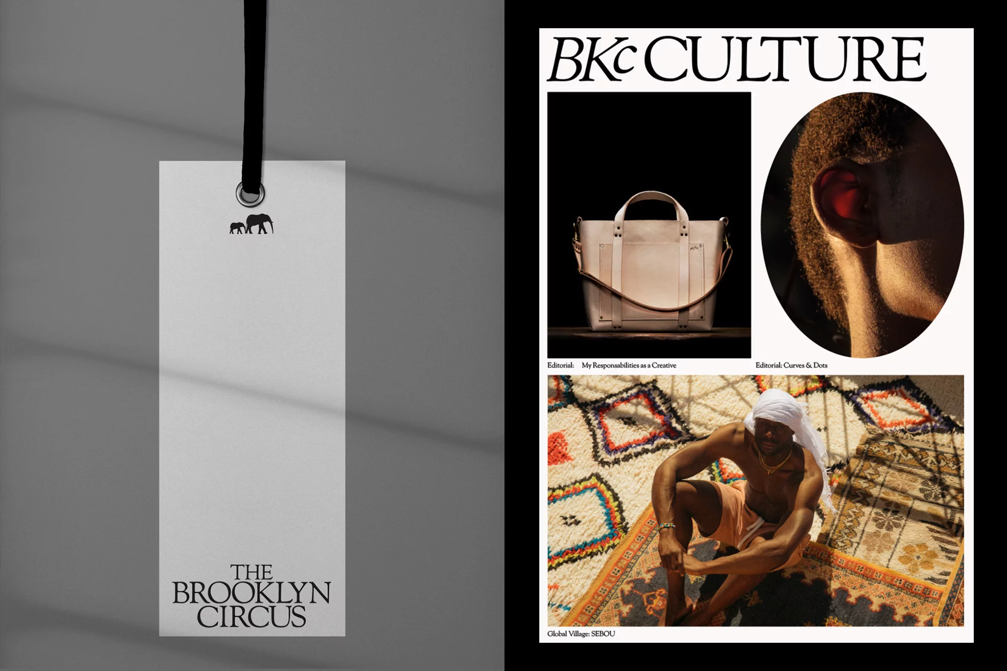 Editorial layout displaying brand tag for The Brooklyn Circus and magazine page with leather tote bag and portrait.