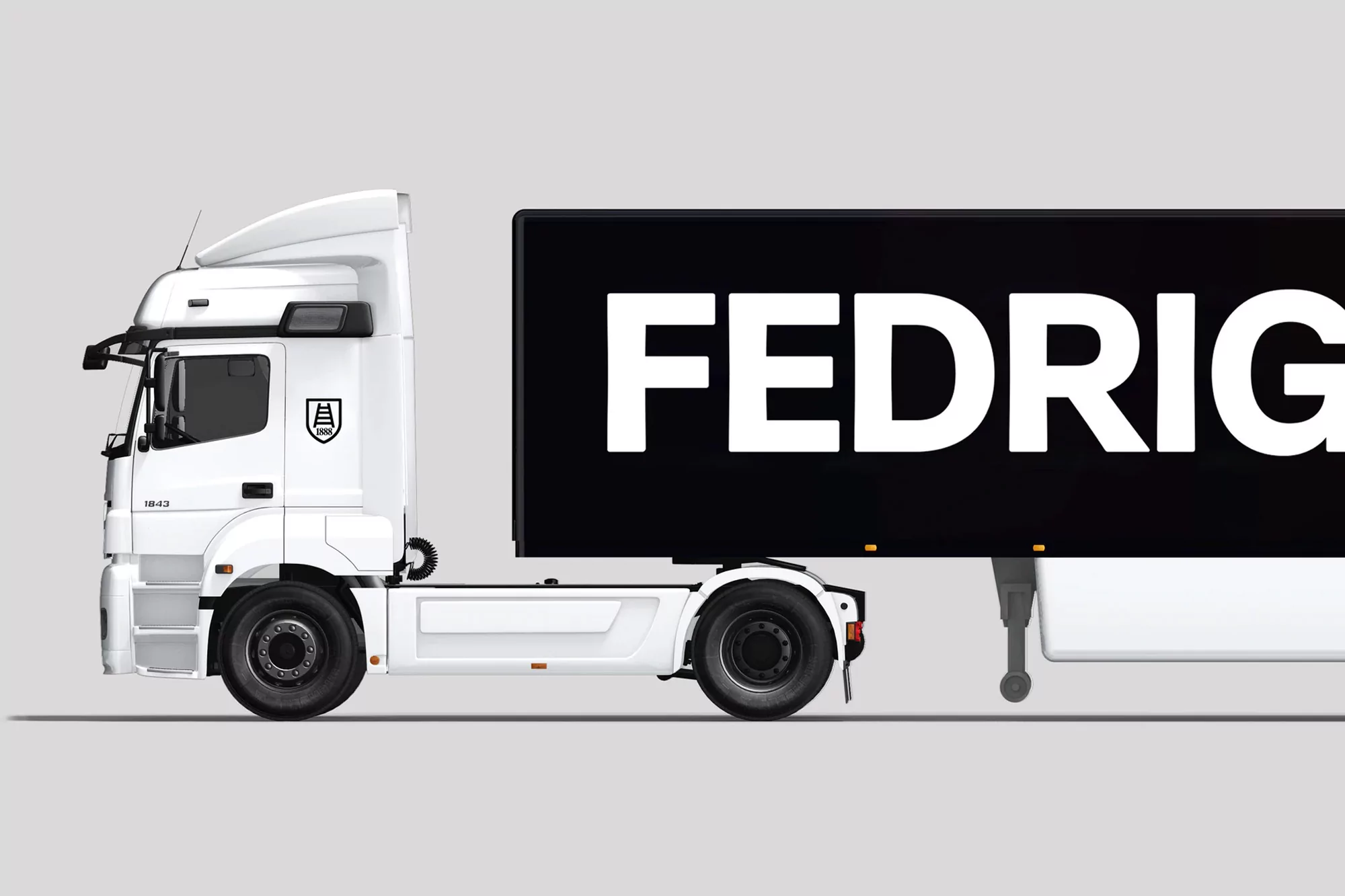 A white semi-truck with a black trailer is captured in a side view against a neutral gray background in a clean, product-style photograph.
