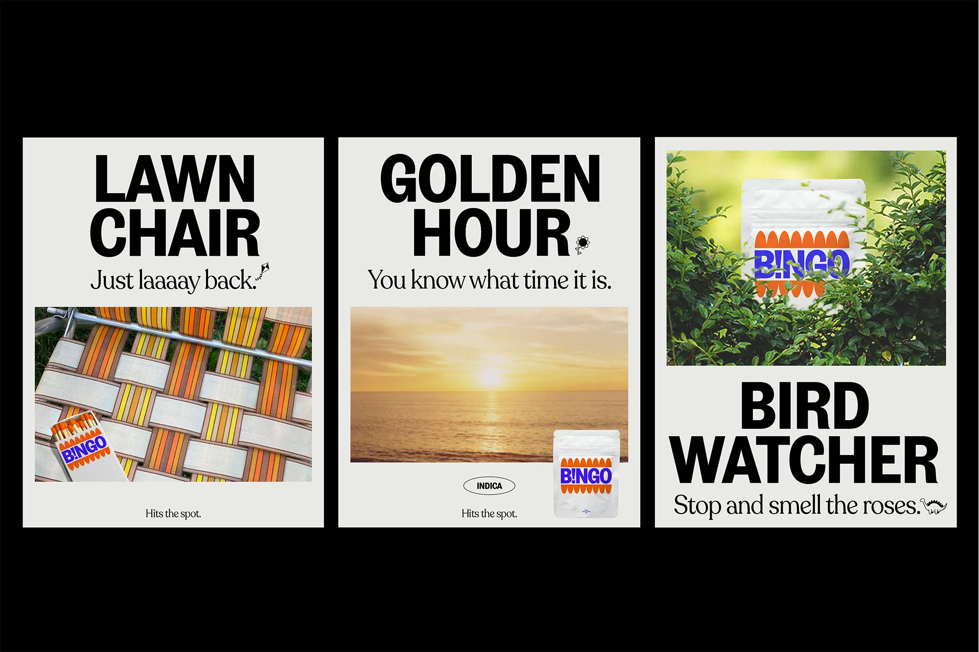 Triptych of Bingo-branded ads: lawn chair, golden hour, birdwatcher. Thematic ads for cannabis products with clever wordplay and sunny color palettes.