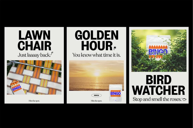 Triptych of Bingo-branded ads: lawn chair, golden hour, birdwatcher. Thematic ads for cannabis products with clever wordplay and sunny color palettes.