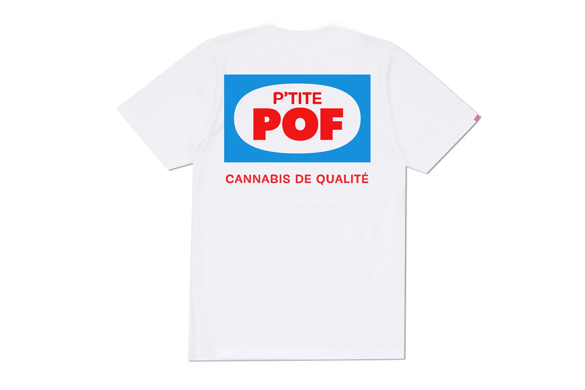 Back of a white t-shirt with a blue and red logo design featuring 'P'TITE POF' and 'CANNABIS DE QUALITÉ' text.