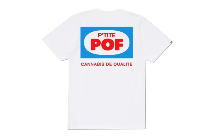 Back of a white t-shirt with a blue and red logo design featuring 'P'TITE POF' and 'CANNABIS DE QUALITÉ' text.
