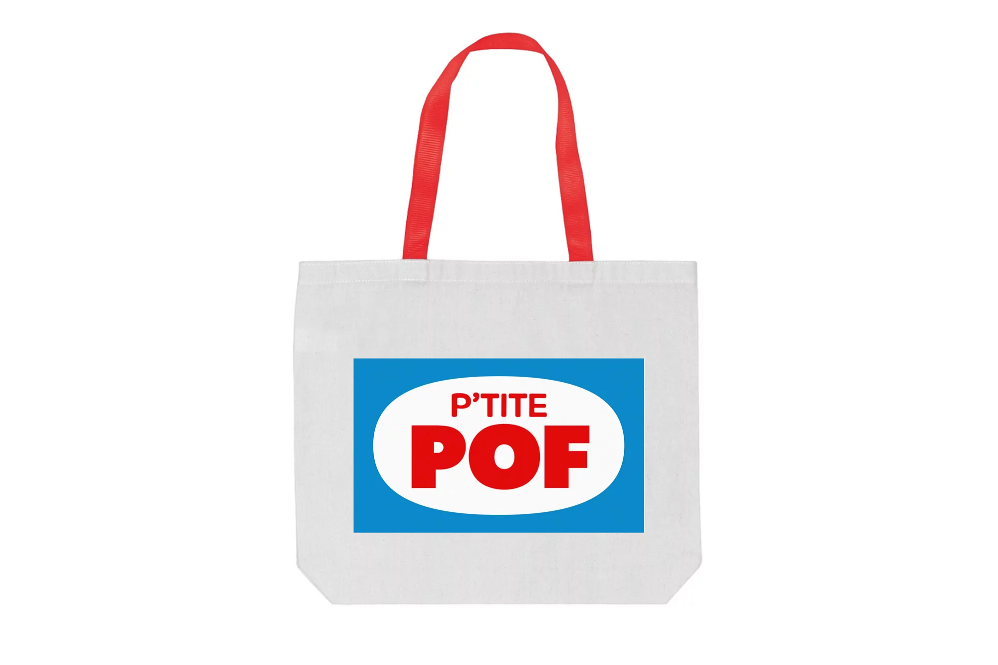 White tote bag with red handles and blue and white logo with red text, isolated on white background. Product photography.