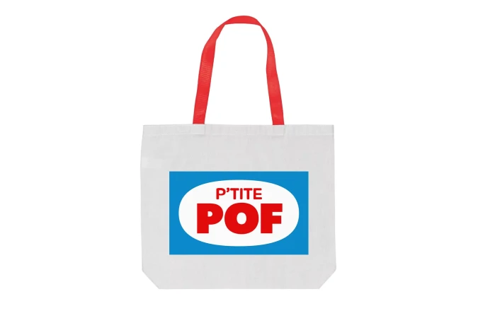 White tote bag with red handles and blue and white logo with red text, isolated on white background. Product photography.