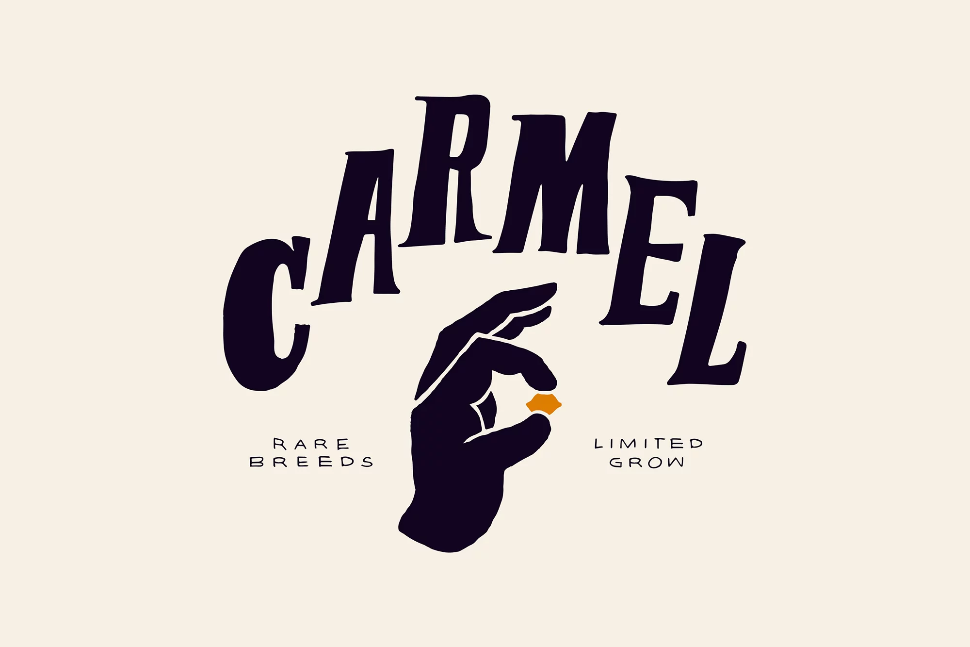 Carmel brand logo featuring a stylized hand holding a golden object, set against a cream-colored background with text elements.