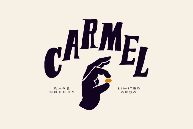 Carmel brand logo featuring a stylized hand holding a golden object, set against a cream-colored background with text elements.