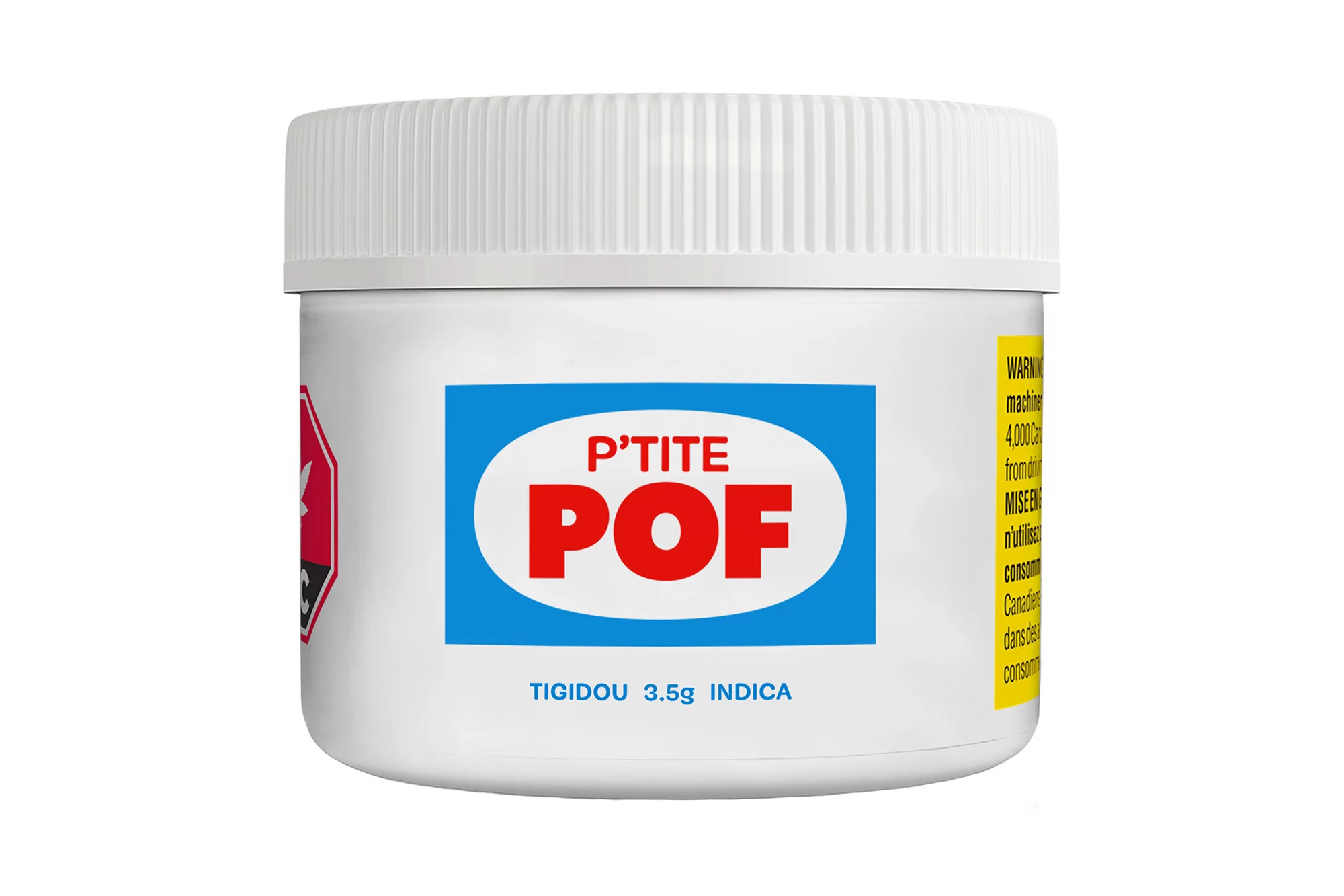 White container with blue label, reads 'P'TITE POF' in red letters and 'TIGIDOU 3.5g INDICA' in black, against a white background.