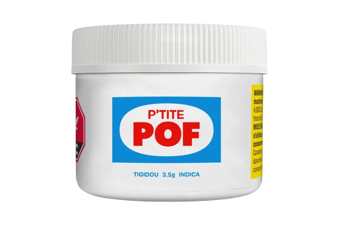 White container with blue label, reads 'P'TITE POF' in red letters and 'TIGIDOU 3.5g INDICA' in black, against a white background.