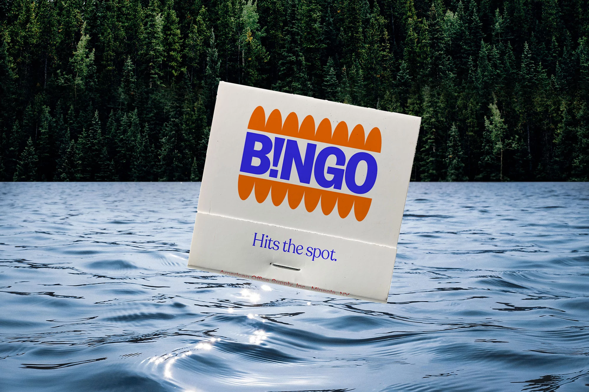 Matchbook floating on water with forest background. The matchbook is white with the word B!NGO in blue and orange design.