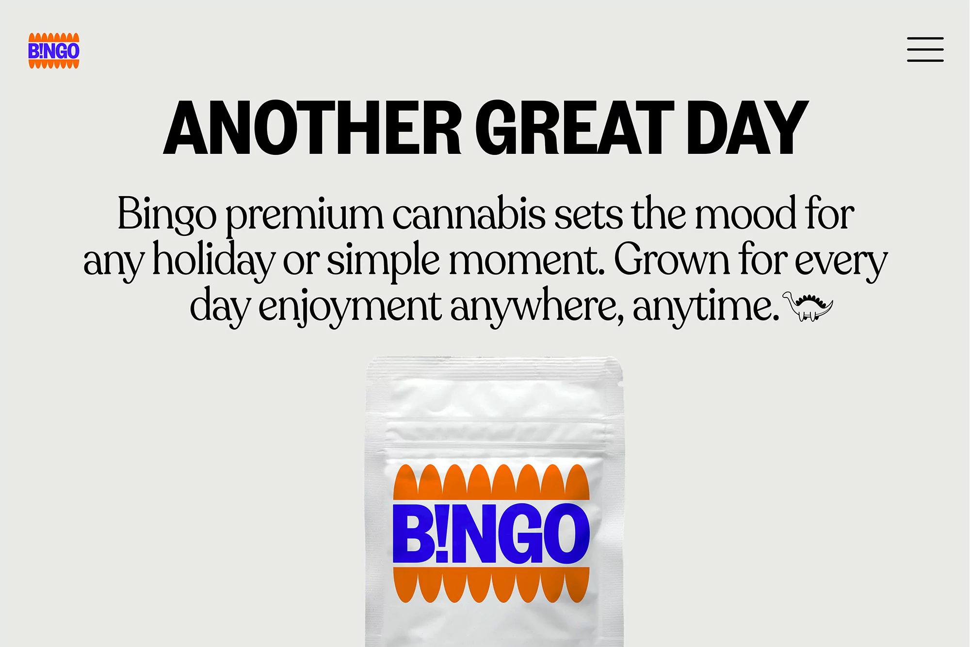 Promotional image for Bingo cannabis product. White mylar bag with the Bingo logo and brand name. Text about the brand above.