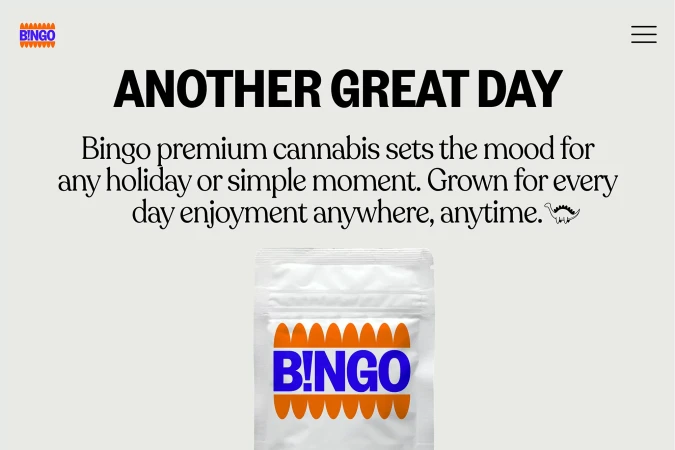 Promotional image for Bingo cannabis product. White mylar bag with the Bingo logo and brand name. Text about the brand above.