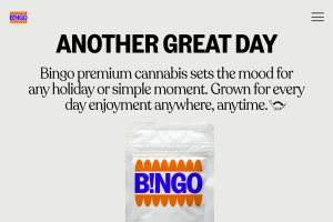 Digital webpage display showing white cannabis product packaging with blue and orange branding and bold typography.