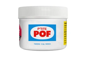 White cannabis product jar with blue and red label reading P'TITE POF against a solid white background.