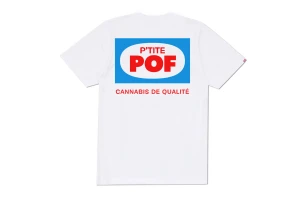 White t-shirt featuring a blue and red graphic logo on the back against a white background