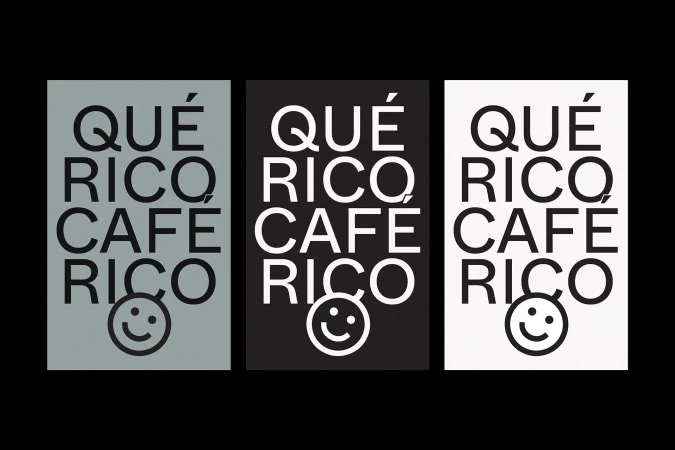 Three posters with 'Qué Rico Cafe Rico' text and a smiley face, each in a different background color (grey, black, and white).
