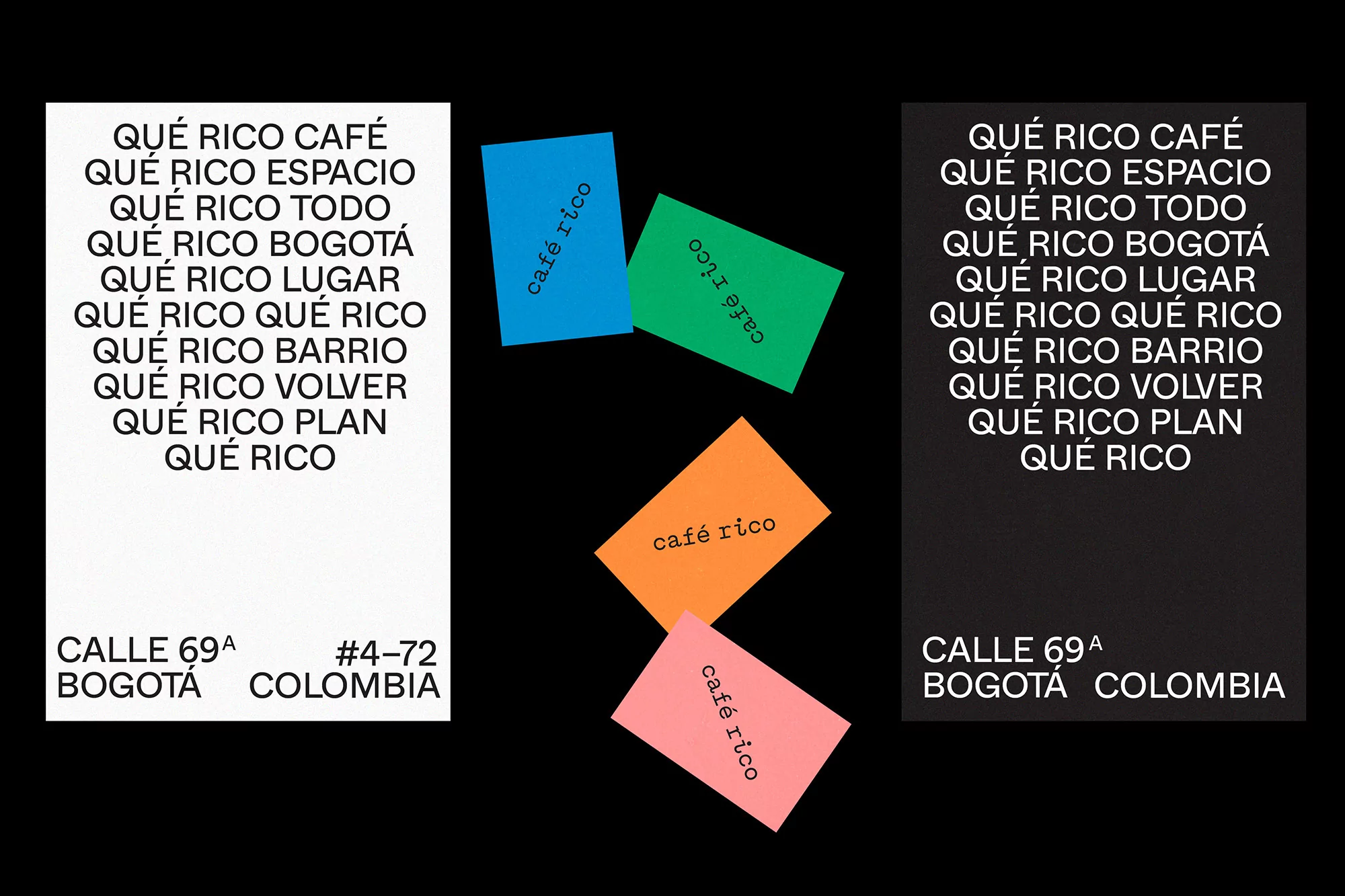 Graphic design featuring 'Qué Rico' text in white and black, with colorful 'café rico' cards, against a black backdrop, bold typography.