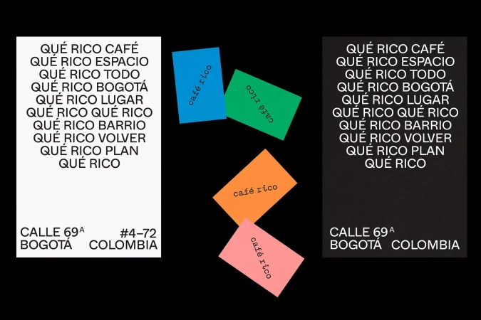 Graphic design featuring 'Qué Rico' text in white and black, with colorful 'café rico' cards, against a black backdrop, bold typography.