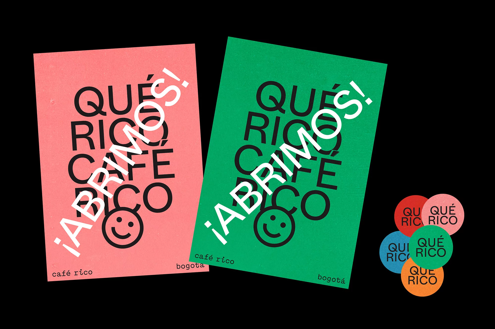 Graphic design featuring cafe branding: Pink and green posters with 'Qué Rico Café Rico' text, accompanied by circular stickers, black background.