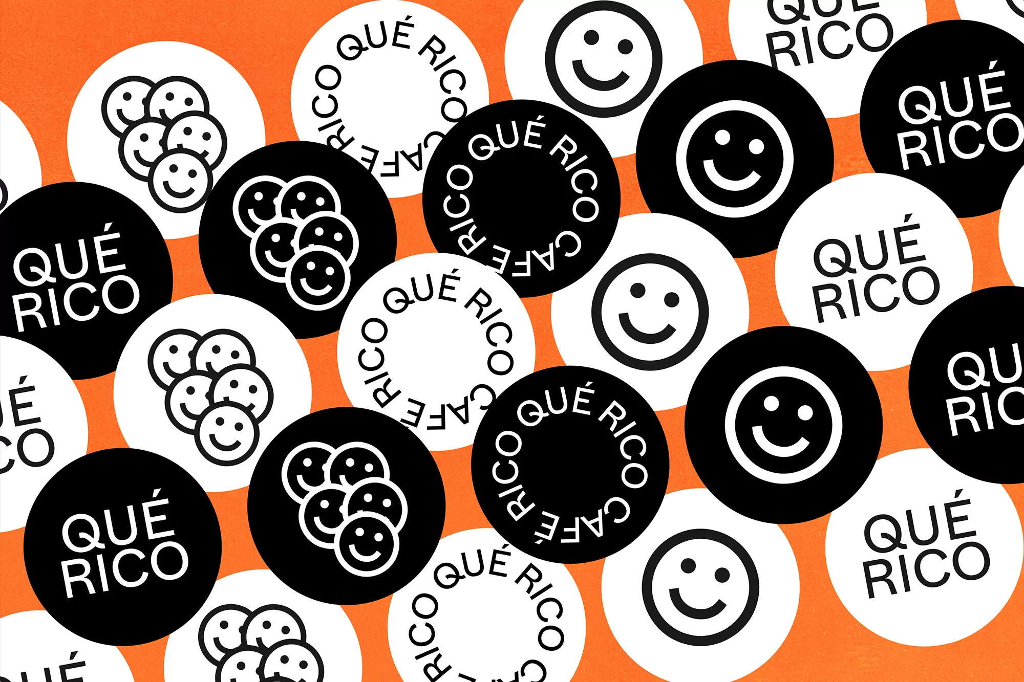 Patterned background with repeated white and black circular logos of a smiley face and the text 'Que Rico Cafe'. Fun, modern graphic design.